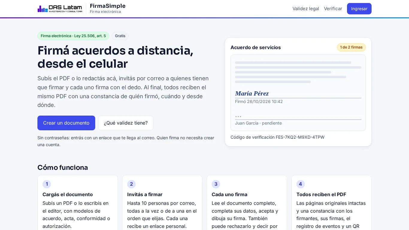 Portada de FirmaSimple con un acuerdo de servicios a medio firmar y su código de verificación