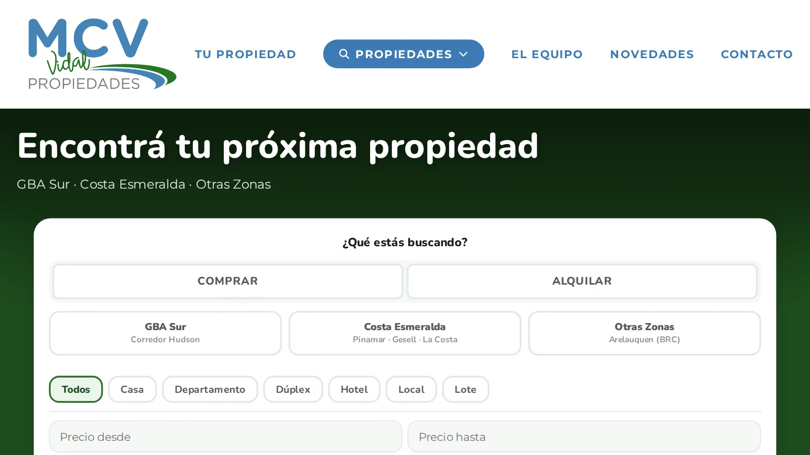 Portada del sitio de MCV Propiedades con el buscador de propiedades por operación, zona y tipo