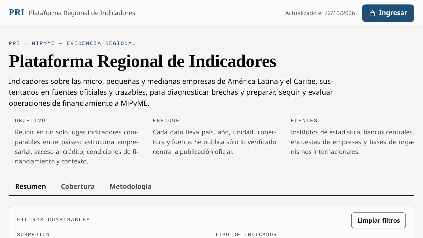 Portada pública de la Plataforma Regional de Indicadores: título, objetivo, enfoque y fuentes